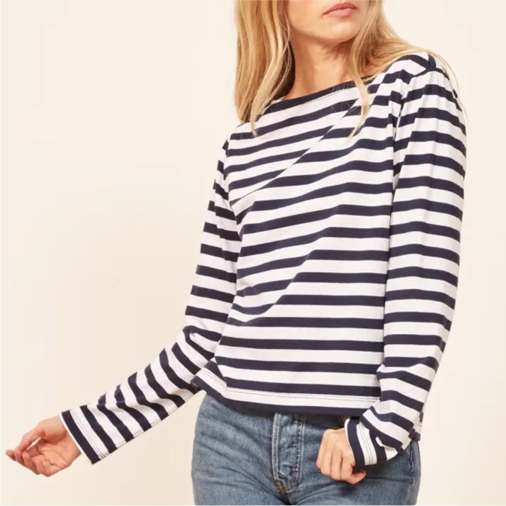 Reformation navy and white striped shirt.